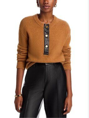 Frame Leather Trim Half Button Alpaca Blend Sweater S